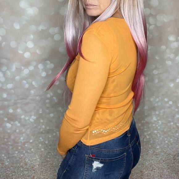 Long Sleeve Orange Mesh Embellished Top - Picture 6 of 15
